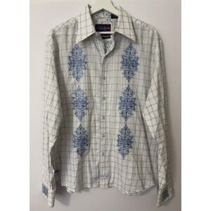 English Laundry Mens XL White Blue Embroidered Medallion Windowpane Button Shirt